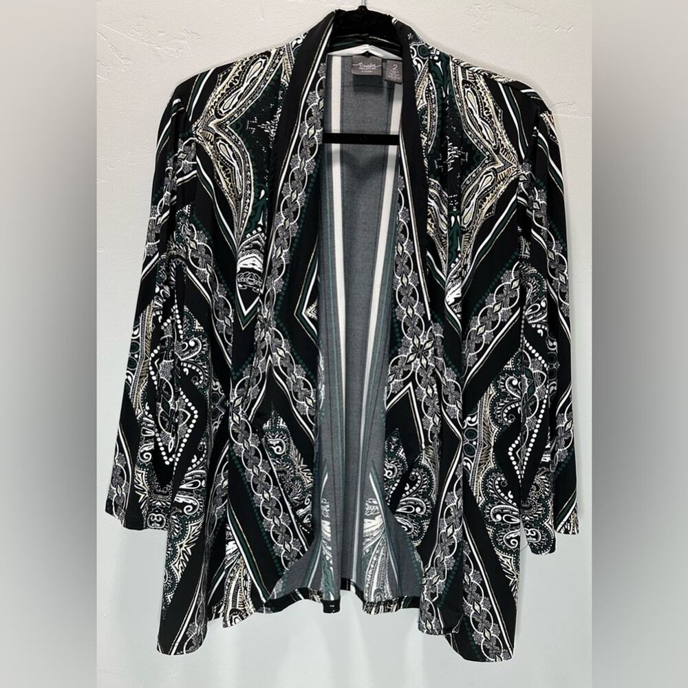 Chico’s Traveler’s Women’s Open Front Cardigan Black Green and Gold Paisley sz 2